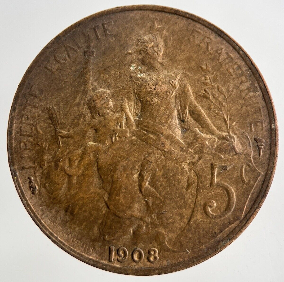 1908 France 5 Cinq Centimes Coin | Fine Collectable Grade