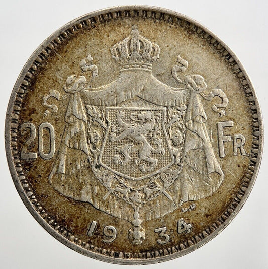 1934 Belgium 20 Francs Silver Coin | Fine Collectable Grade | a1509
