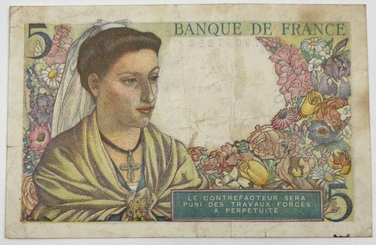 Old Vintage France 5 Cinq Francs Banknote | Collectable Grade