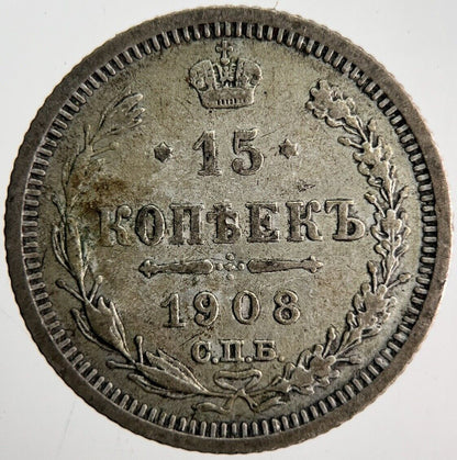 1908 Russia 15 Kopek Silver Coin | Collectable Grade | a4592