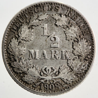 1908 Germany 1/2 Half Mark Silver Coin | Fine Collectable Grade