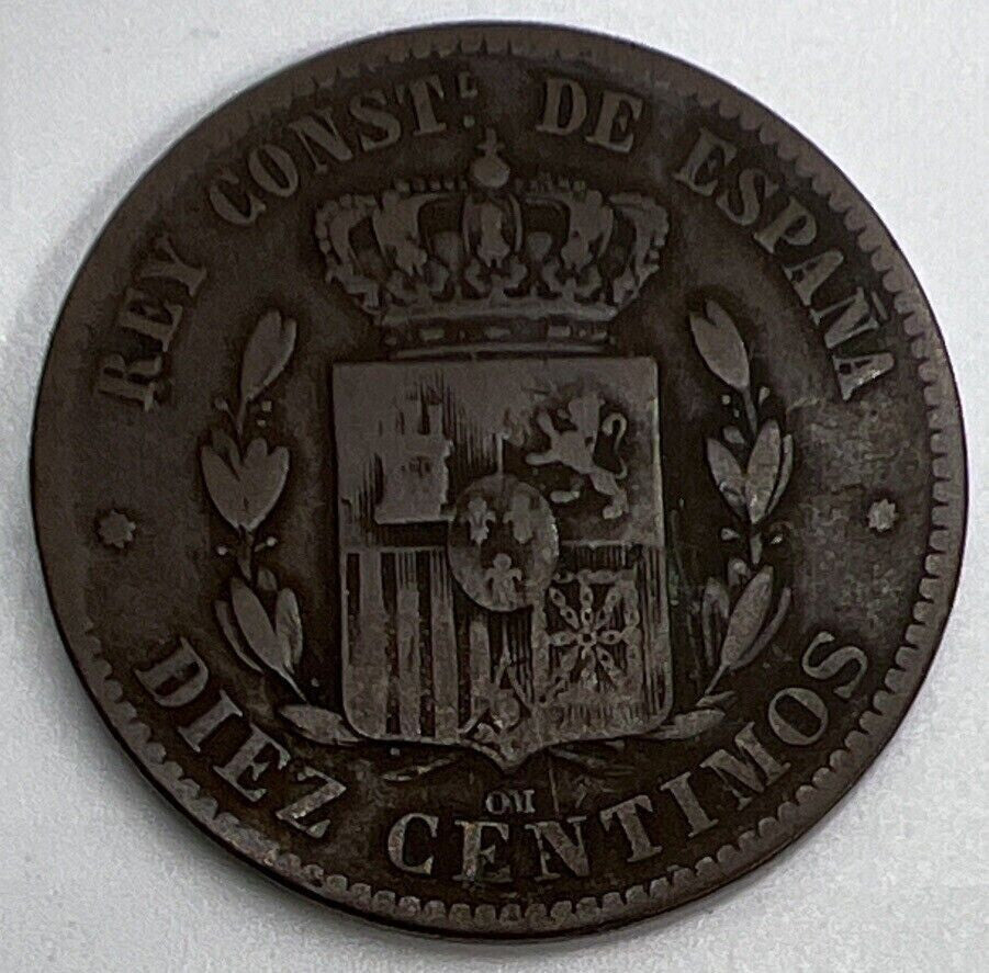 1878 Spain Diez 10 Ten Centimos Coin | Collectable Grade | a1104