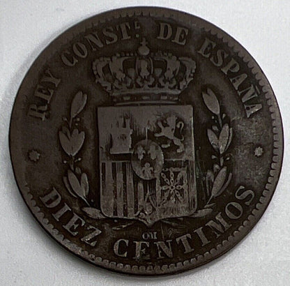 1878 Spain Diez 10 Ten Centimos Coin | Collectable Grade | a1104
