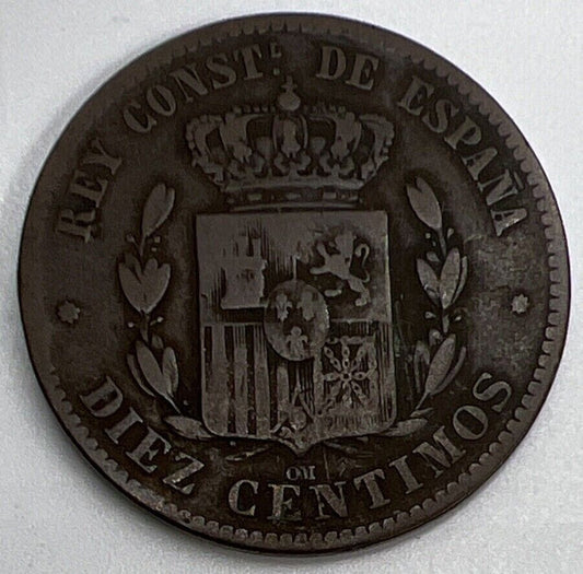 1878 Spain Diez 10 Ten Centimos Coin | Collectable Grade | a1104