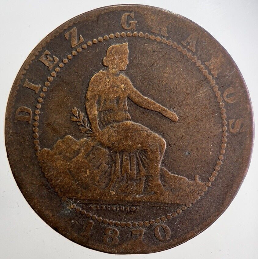 1870 Spain Diez 10 Ten Centimos Coin | Fair Grade | a4750