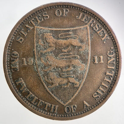 1911 Jersey One Twelfth Of A Shilling 1/12th Coin | Fine Collectable Grade
