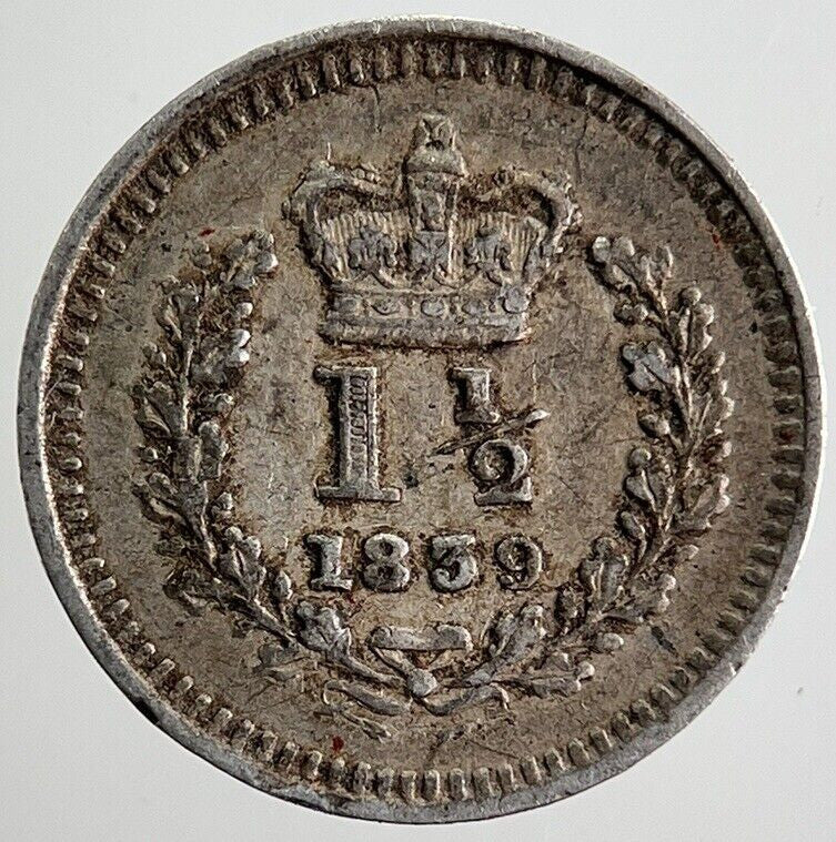 1839 Victoria Three - Half - Pence 1 1/2 Pence Silver Coin | Very High Grade