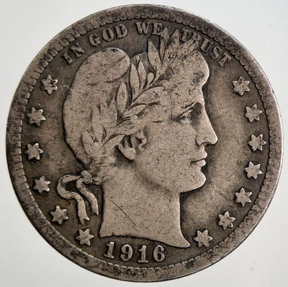 1916 - D US USA Barber Quarter Silver Coin | Fine Collectable Grade | a5534