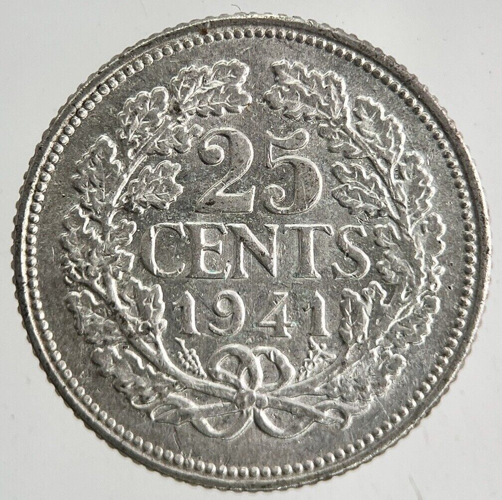 1941 Netherlands 25 Cents Silver Coin | Very High Grade