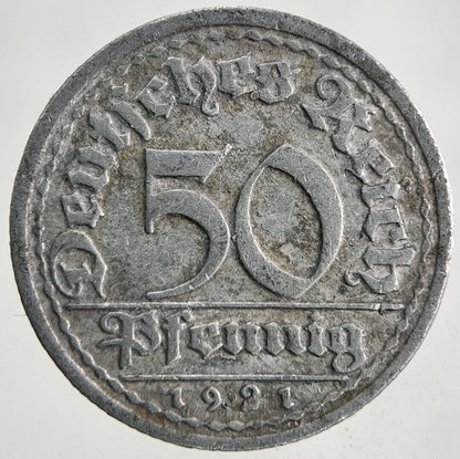 1921 - J Germany 50 Pfennig Coin | Fine Collectable Grade