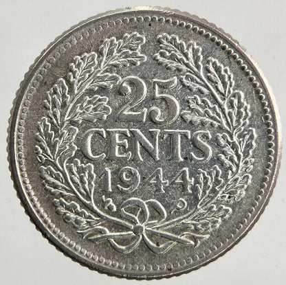 1944 Netherlands 25 Cents Silver Coin | Very High Grade