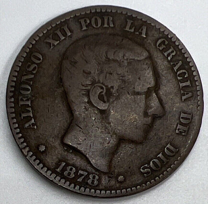 1878 Spain Diez 10 Ten Centimos Coin | Collectable Grade | a1104