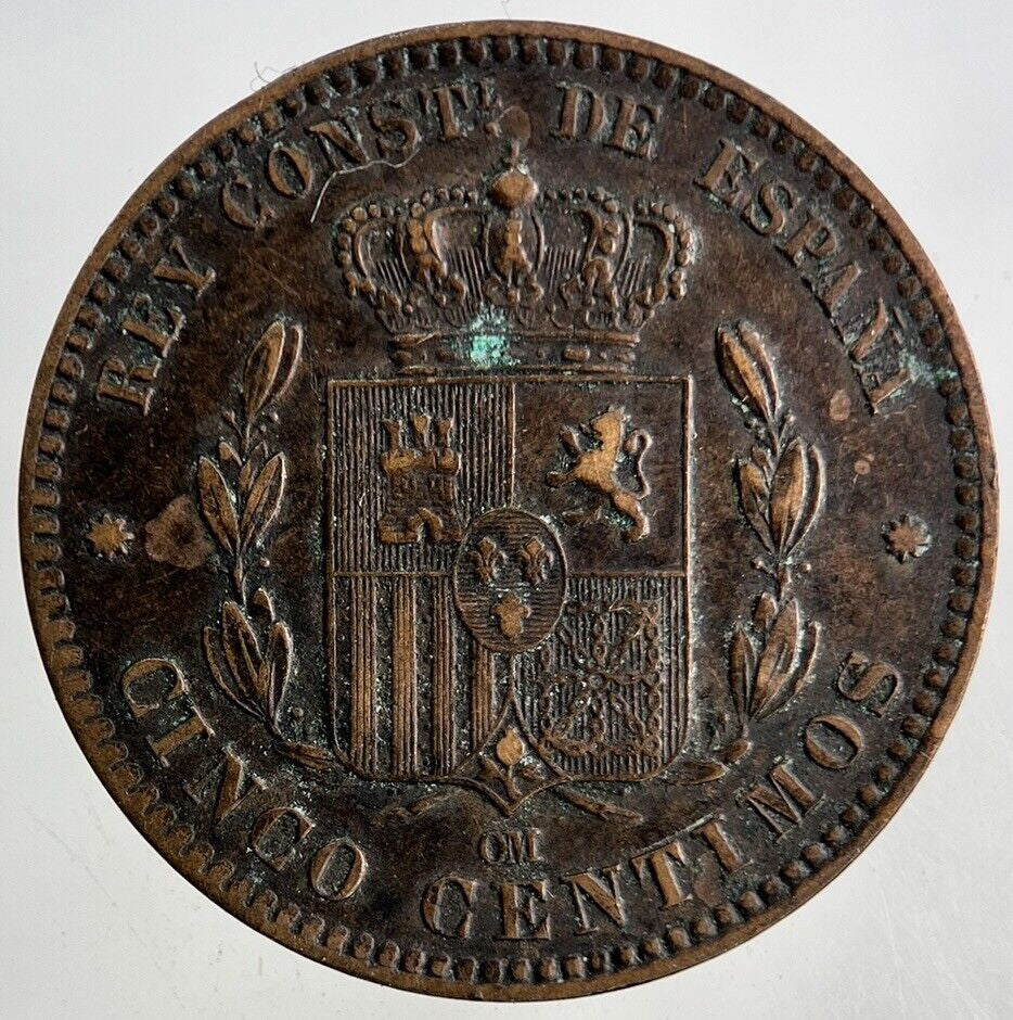 1879 Spain 5 Cinco Centimos Coin | Fine Collectable Grade