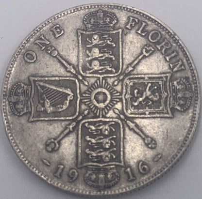 1916 British Florin | Silver Coin | King George V | Fair Grade | a015