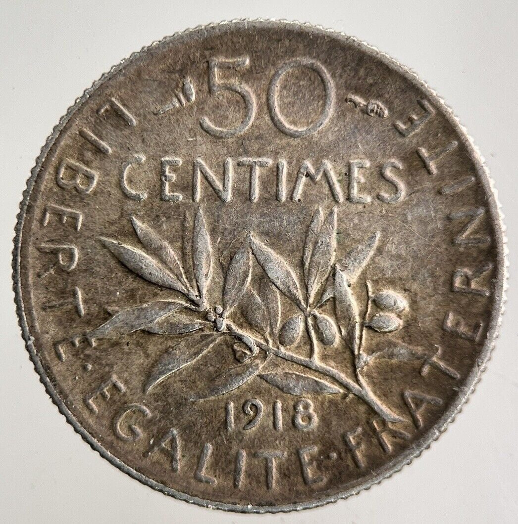 1918 France 50 Centimes Silver Coin | Fine Collectable Grade