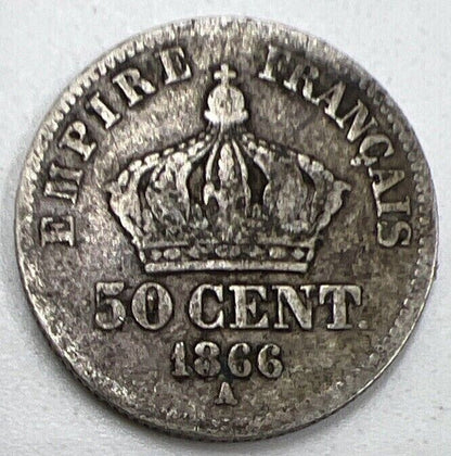 1866 - A 50 Centimes Napoleon III France Silver Coin | Fair Grade