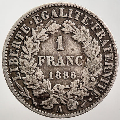 1888-A French 1 Franc | Silver Coin | France Coin | Collectable Grade | a506