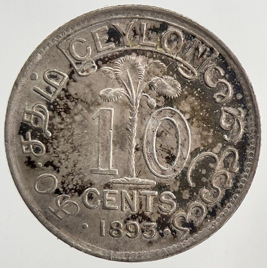 1893 Ceylon 10 Silver Cents Coin | Very High Grade