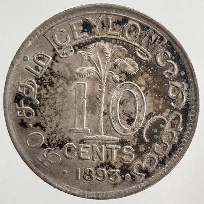 1893 Ceylon 10 Silver Cents Coin | Very High Grade