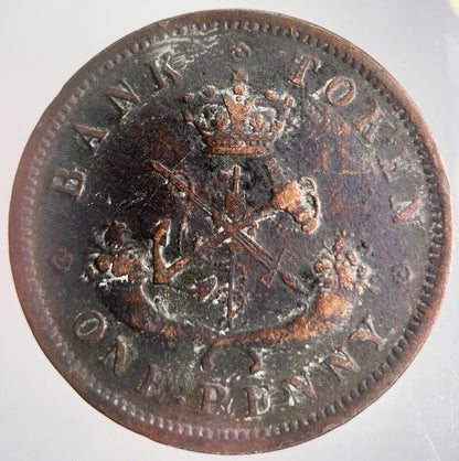 1857 Canada Bank Token One Penny Coin | Fine Collectable Grade | a4485