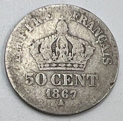 1867 - A 50 Centimes Napoleon III France Silver Coin | Fair Grade