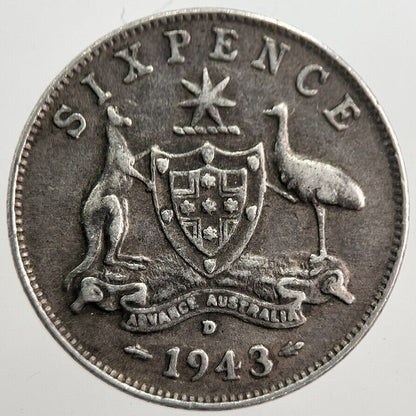 1943 - D Australia Sixpence Silver Coin | Fine Collectable Grade | a7645