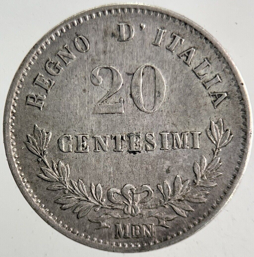 1863 Italy 20 Centesimi Silver Coin | Very High Grade
