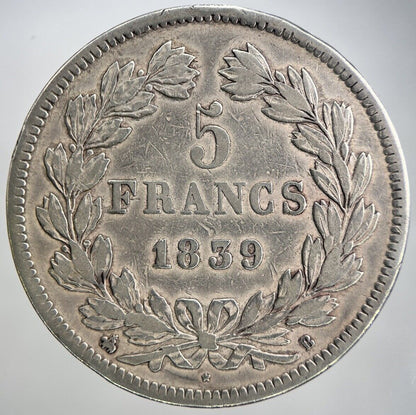 1839 French 5 Francs Silver Coin | Fine Collectable Grade | a2192