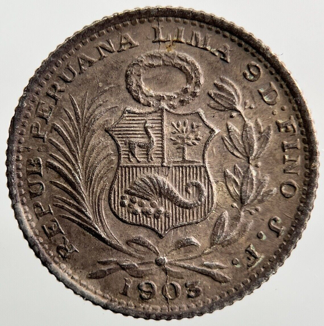 1903 Peru Un 1 Dino Silver Coin | Very High Grade