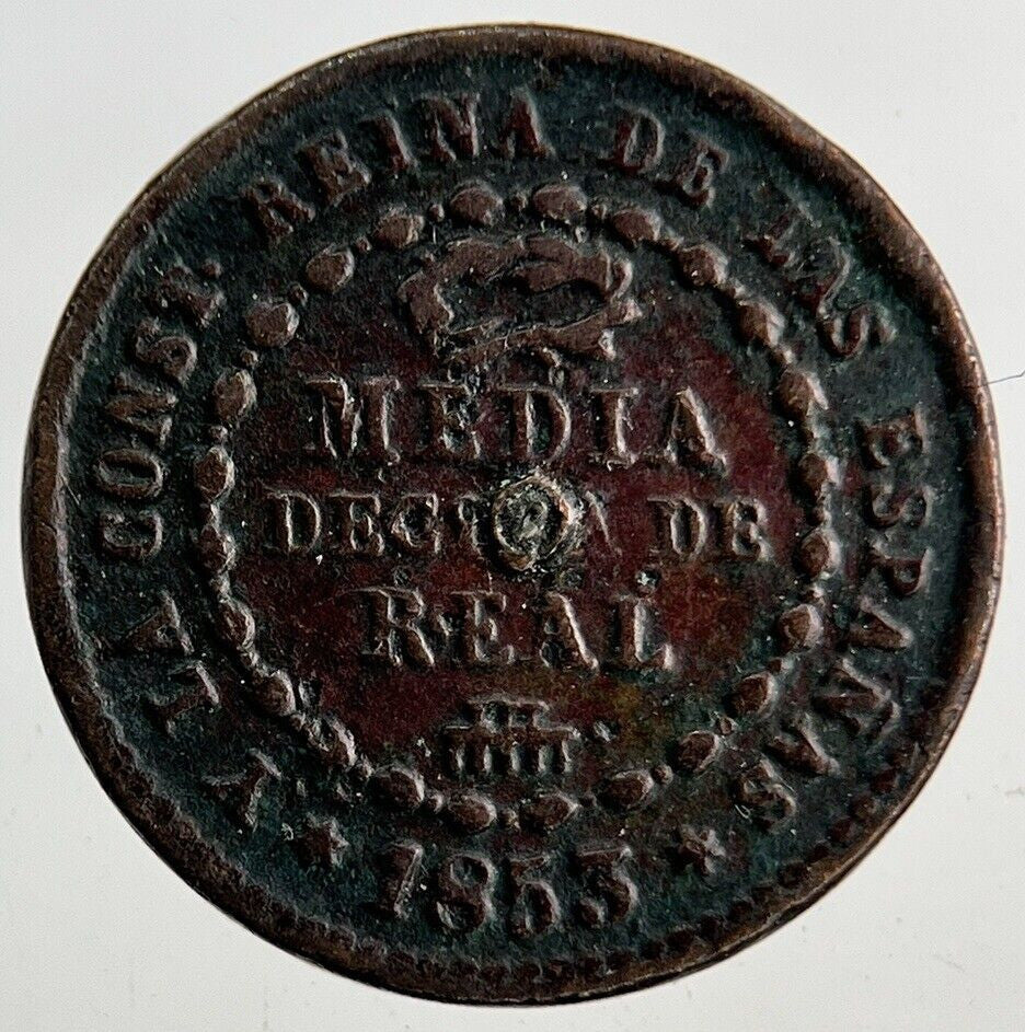 1853 Spain Medio Half 1/10 One Tenth Real Coin | Fine Collectable Grade