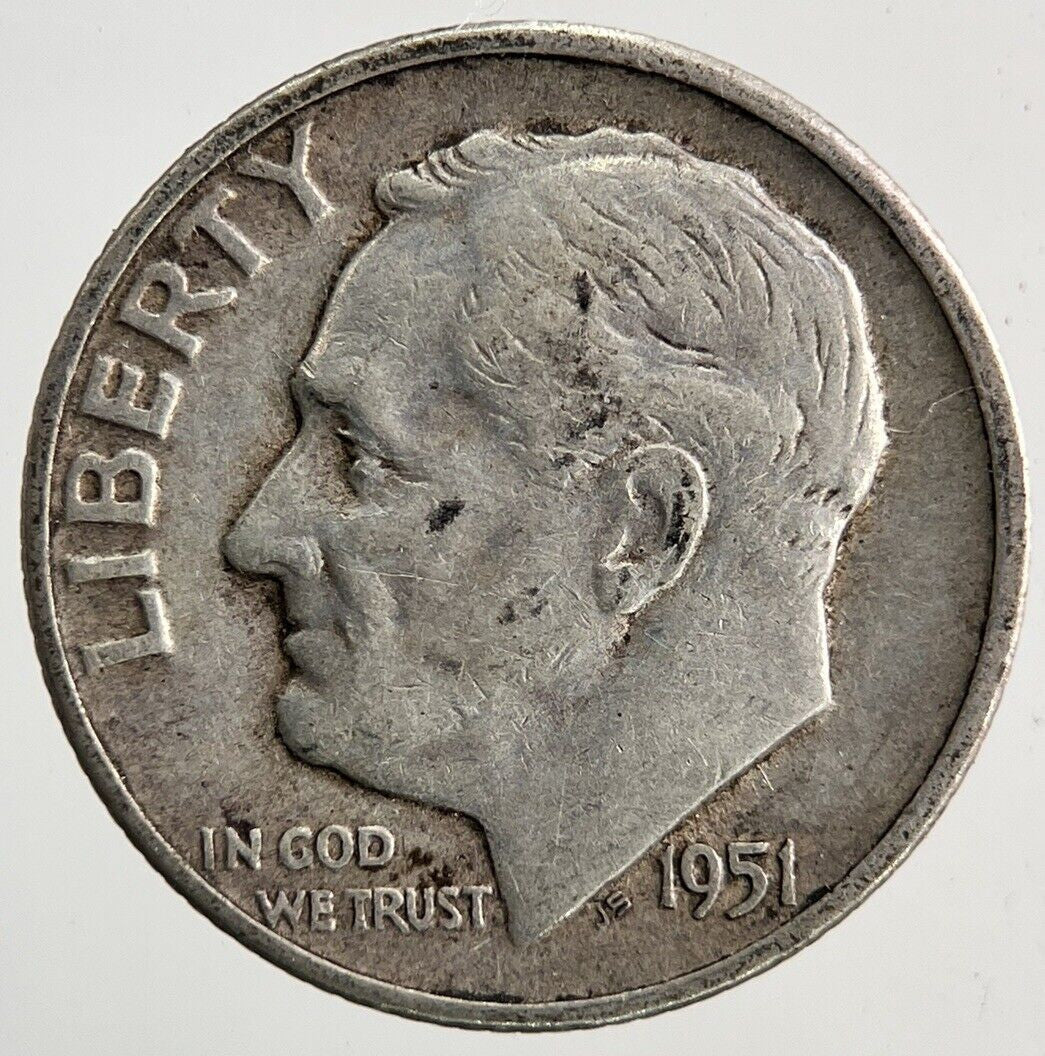 1951 - D US USA Roosevelt Dime Silver Coin | Fine Collectable Grade