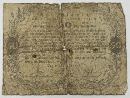 Old Vintage Austria 50 Heller Banknote | Collectable Grade