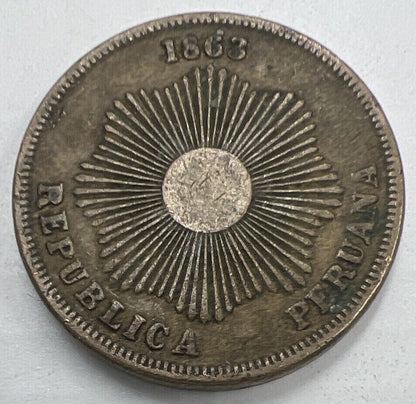 1863 Peru Dos 2 Two Centavos Coin | Fine Collectable Grade | a1398