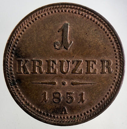 1851 Austria 1 One Kreuzer Coin | Very High Grade