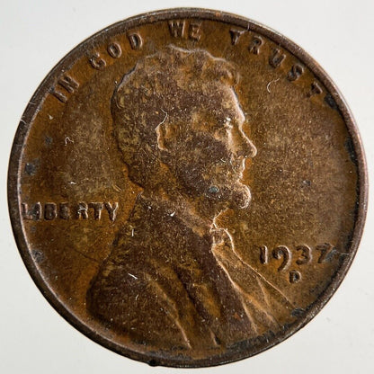 1937 - D US USA Lincoln Wheat One Cent Coin | Fine Collectable Grade