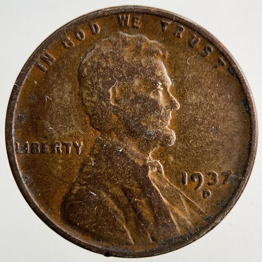 1937 - D US USA Lincoln Wheat One Cent Coin | Fine Collectable Grade
