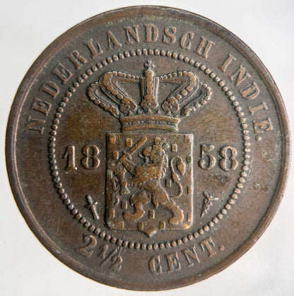 1858 Netherlands East Indies 2 1/2 Cents Coin | Fine Collectable Grade