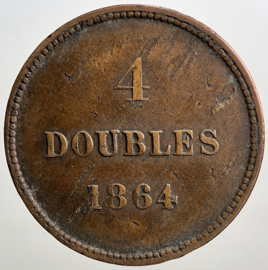 1864 Guernsey 4 Four Doubles Coin | Fine Collectable Grade
