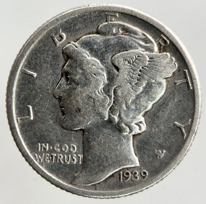 1939 - D US USA Mercury One Dime Silver Coin | Fine Collectable Grade