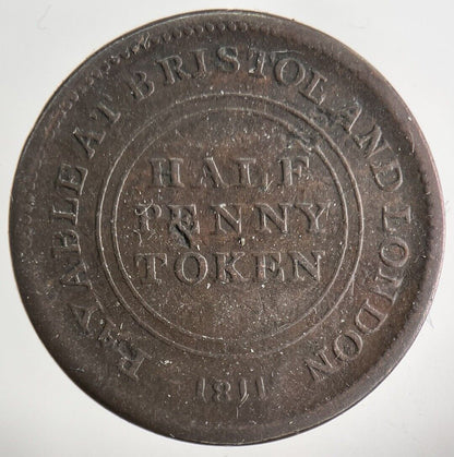 1811 Payable At Bristol & London Half - Penny Token Coin | Fine Collectable Grade