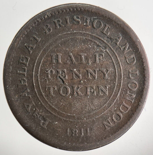 1811 Payable At Bristol & London Half - Penny Token Coin | Fine Collectable Grade