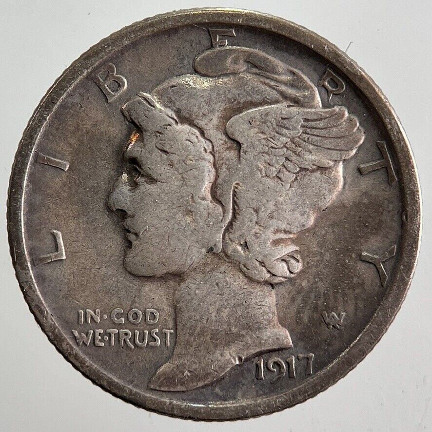 1917 - S US USA Mercury Dime Silver Coin | Fine Collectable Grade