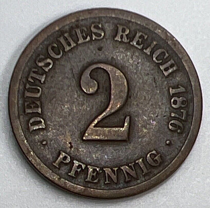 1876 Germany 2 Two Pfennig Coin | Fine Collectable Grade | a936