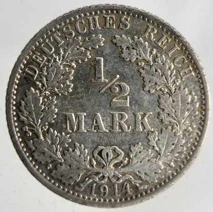 1914 Germany 1/2 Half Mark Silver Coin | Very High Grade