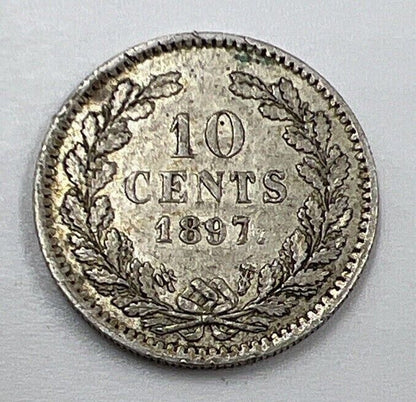 1897 10 Cents | Netherlands Silver Coin | Queen Wilhelmina | Fine Grade | a295