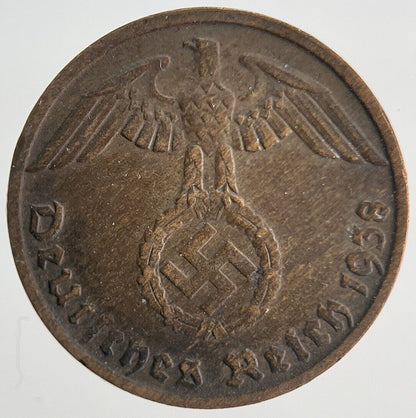 1938 - D Germany Nazi 1 Pfennig Coin | Fine Collectable Grade | a1898