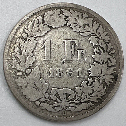 1861 - B Switzerland 1 One Franc | Swiss Silver Coin | Fair Grade | a489