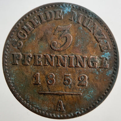 1852 Germany 3 Pfennig Coin | Fine Collectable Grade | a7264