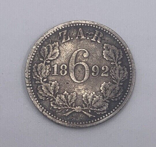 1892 South Africa 6 Zar Sixpence Silver Coin | Fine Collectable Grade | a201