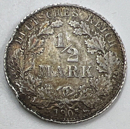 1905 - D Germany 1/2 Half Mark Silver Coin | Collectable Grade | a1489